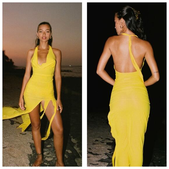 NWT Revolve Indah JLo's Evening Gown Small Limoncello Yellow Mesh Resort Wear - Picture 14 of 14